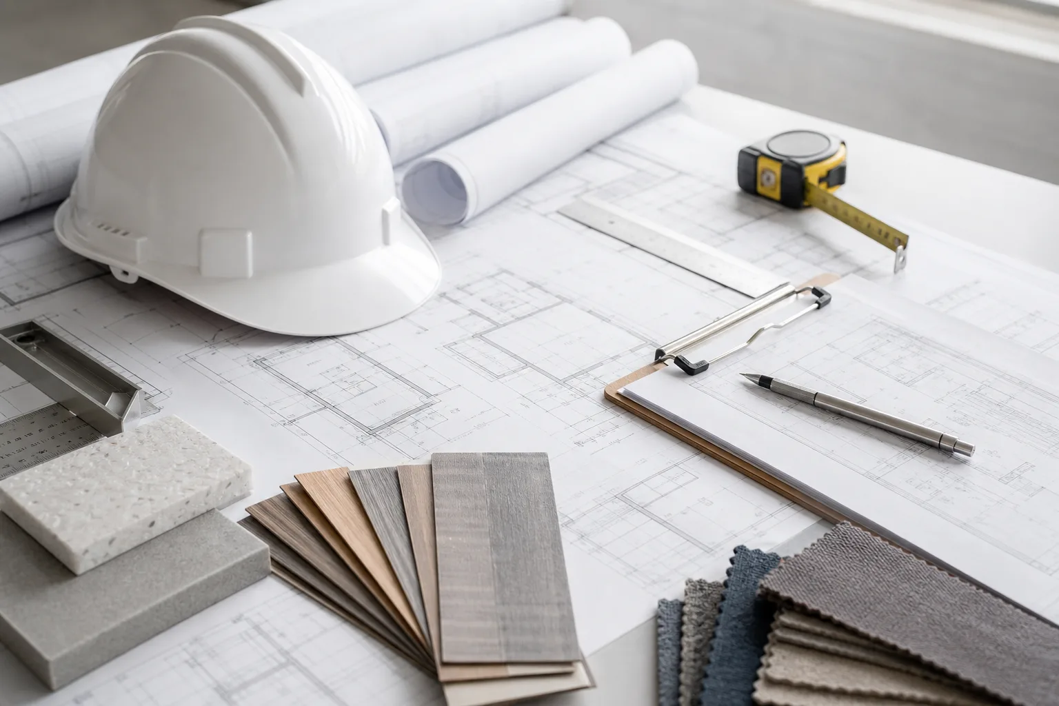 Construction planning materials, drawings, hard hat, and measuring tools.