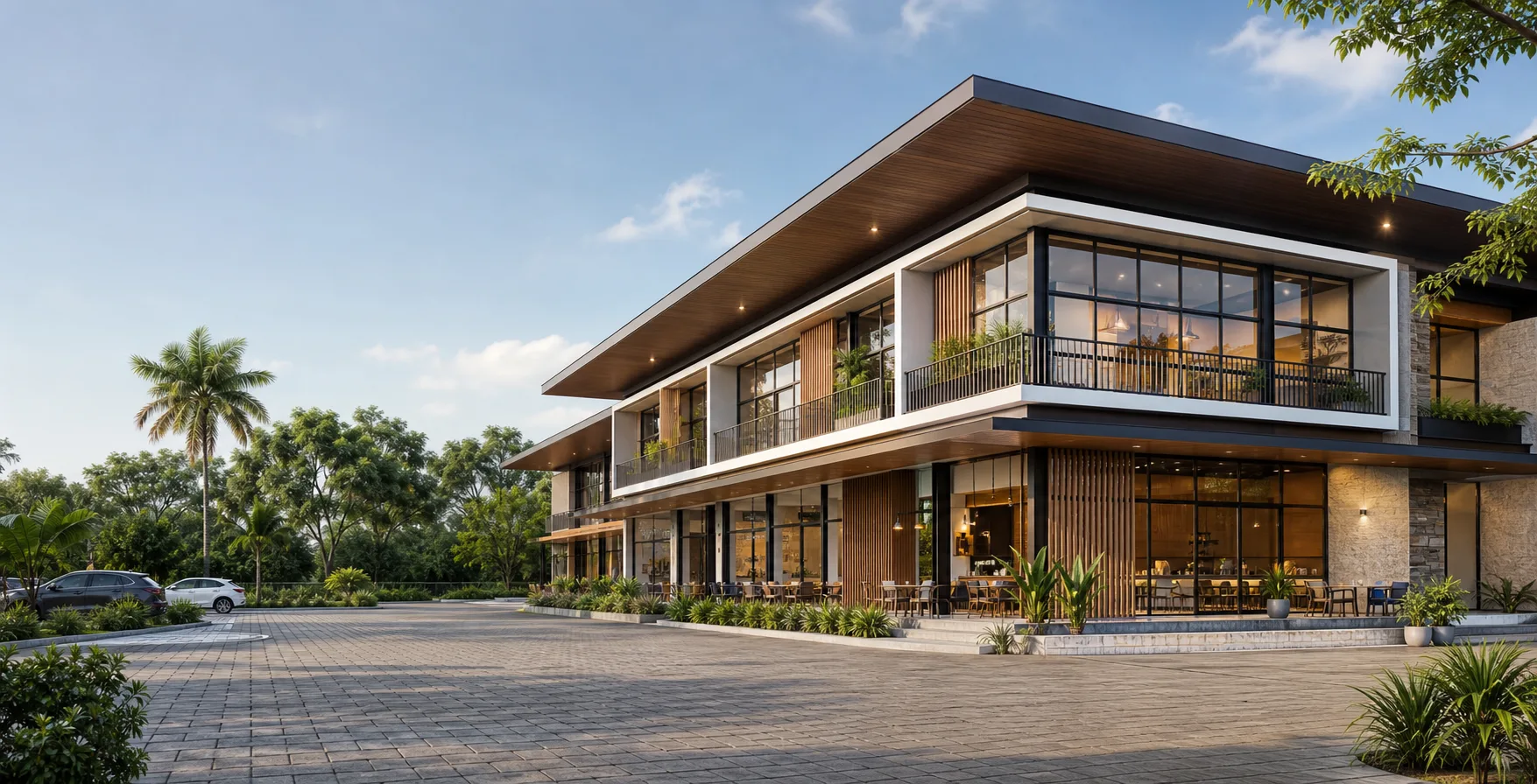 Architectural concept rendering of a modern tropical construction project.